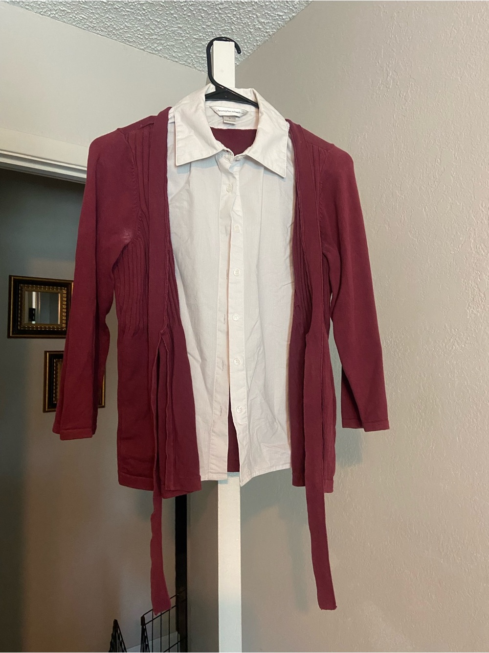 Christopher & Banks White Shirt with Burgundy Knit Layer
